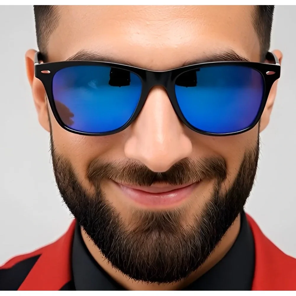 Mens Polarized Sunglasses Black Frame Blue Mirrored Lens Classic Hip Hop‎ Street